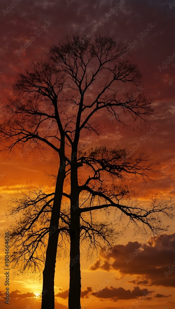 Golden tree against a vibrant red and orange sunset. Golden tree against a vibrant red and orange sunset.