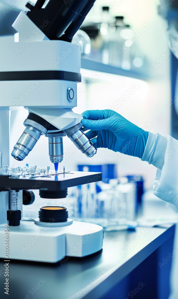 A scientist is using microscope to conduct detailed examinations in laboratory setting, showcasing precision and focus in medical research A scientist is using microscope to conduct detailed examinations in laboratory setting, showcasing precision and focus in medical research