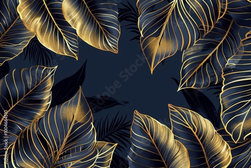 Elegant tropical leaf wallpaper with intricate golden banana leaf line arts and hand-drawn outlines, perfect for luxurious nature patterns in fabric, print, cover, banner, and invitation