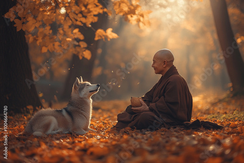 Serenity and Harmony of Buddhist Monks with Nature and Animals: Peaceful scenes featuring monks meditating and bonding with nature, symbolizing spiritual harmony and tranquilty, themes of mindfulness photo