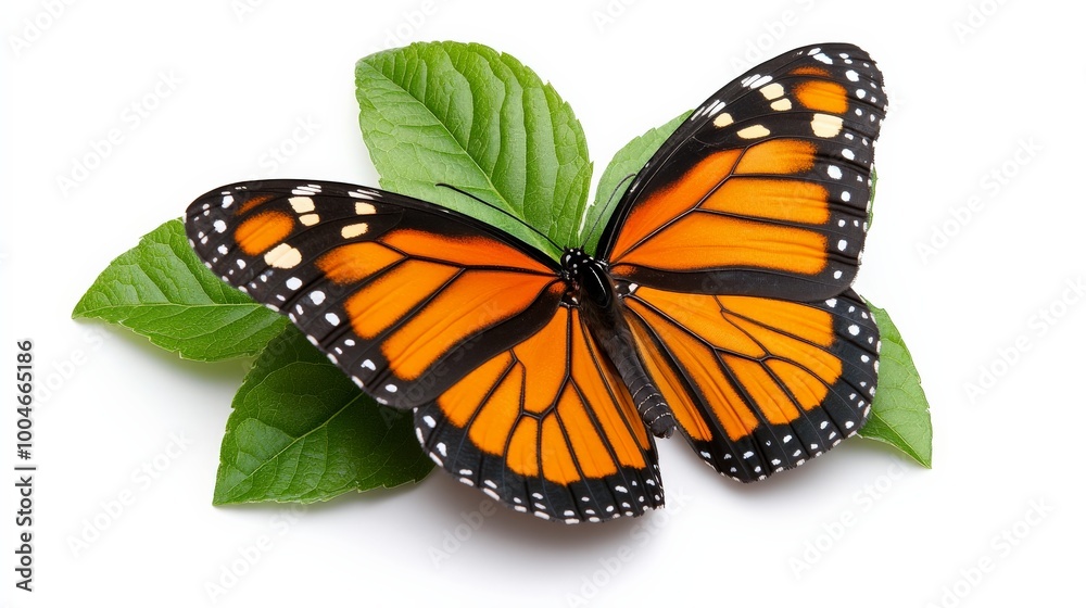 Fototapeta premium Monarch Butterfly on Green Leaves: A vibrant monarch butterfly, wings outstretched, rests gracefully on two lush green leaves, symbolizing transformation, beauty, and the delicate balance of nature.