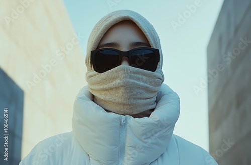 Wallpaper Mural A young woman, styled in winter clothing and sunglasses, exudes confidence in an urban environment under clear skies Torontodigital.ca