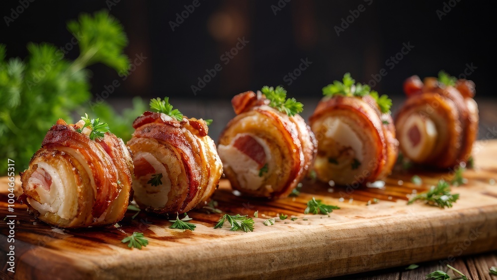 Bacon slices with filling, laid in a spiral on a wooden cutting board, decorated with sprigs of fresh parsley. Bacon slices with filling, laid in a spiral on a wooden cutting board, decorated with sprigs of fresh parsley.