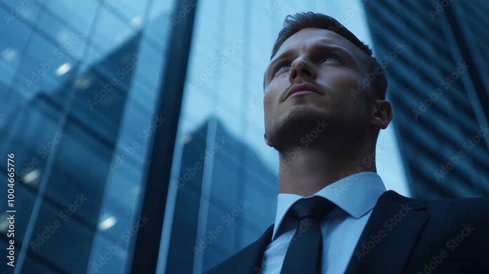 Fototapeta premium Businessman looking up at skyscrapers in the city