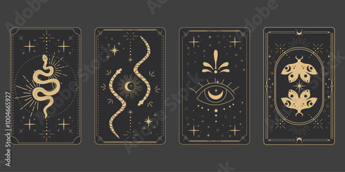 Tarot reverce border magic sacred frame gold line border celelstial mystery esoteric cover card decoration with snake stars and moon on dark background.