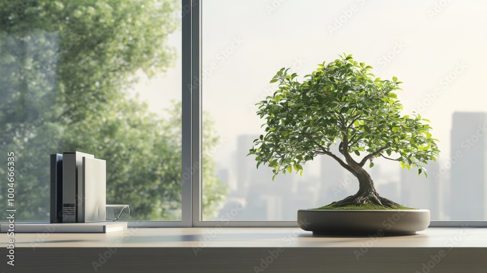 Fototapeta premium bonsai tree on a sleek desk in a modern office setting