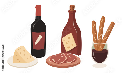 Wine Bottle and Charcuterie Illustration with Cheese and Meats