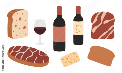 Wine Bottle and Charcuterie Illustration with Cheese and Meats