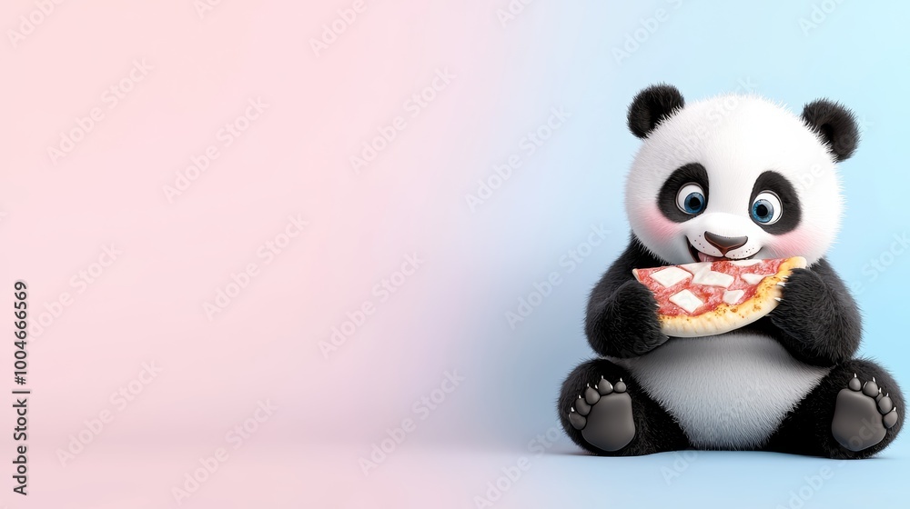 A cute panda happily eating a slice of pizza on a soft gradient pastel pink and blue background. A cute panda happily eating a slice of pizza on a soft gradient pastel pink and blue background.