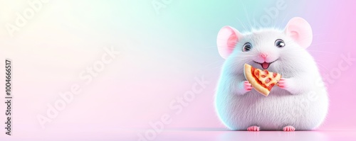 A cute hamster holding a tiny pizza slice with a happy face, sitting on a gradient pastel mint and pink background.