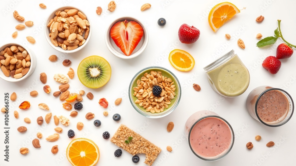 Freshly prepared smoothie bowls and healthy snacks arranged on a clean surface with vibrant fruits and nuts Freshly prepared smoothie bowls and healthy snacks arranged on a clean surface with vibrant fruits and nuts