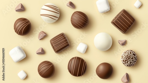 A top-down vector composition of assorted chocolates and marshmallow candies on a pastel yellow background.