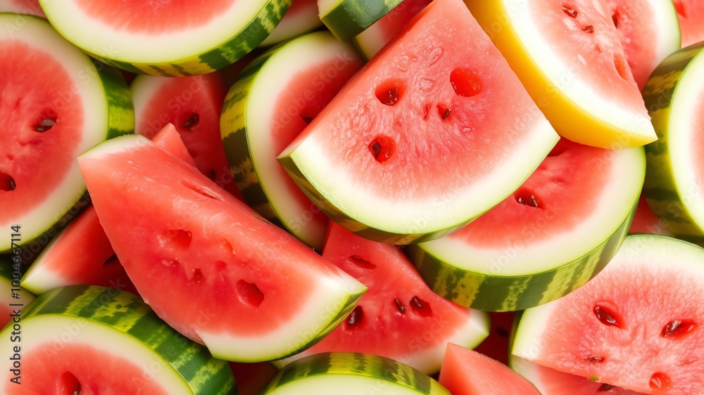 Freshly cut watermelon slices arranged artistically on a surface in a vibrant summer display for a refreshing treat Freshly cut watermelon slices arranged artistically on a surface in a vibrant summer display for a refreshing treat