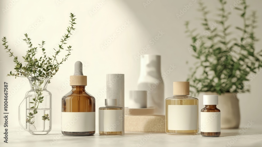 A serene arrangement of various skincare and wellness products with plants.