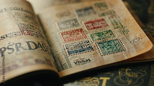 Colorful visa stamps from various countries fill the pages of a passport flipping open in slow motion