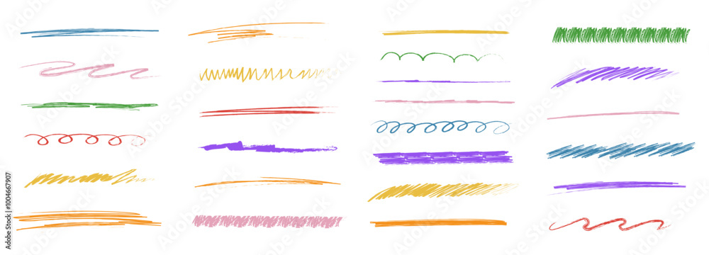 Chalk lines and squiggles, hand drawn doodle underlines thick line border, swoosh. Txtured sketchy crayon brush scribbles or wavy strokes Chalk lines and squiggles, hand drawn doodle underlines thick line border, swoosh. Txtured sketchy crayon brush scribbles or wavy strokes