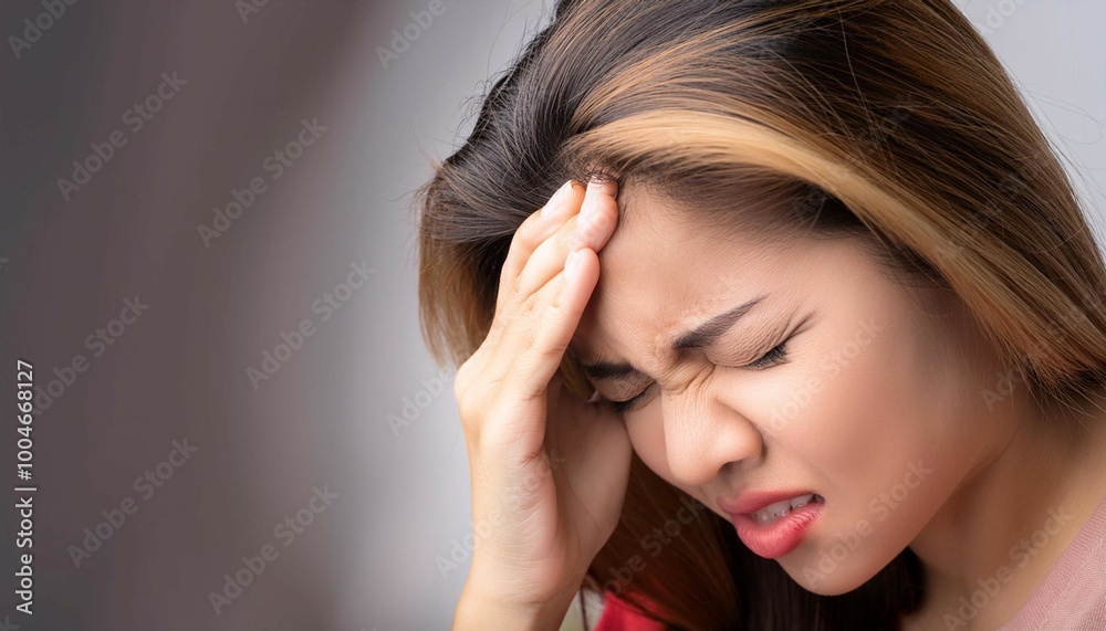Person holding their head in discomfort, symbolizing illness, pain, and medical concern. Person holding their head in discomfort, symbolizing illness, pain, and medical concern.