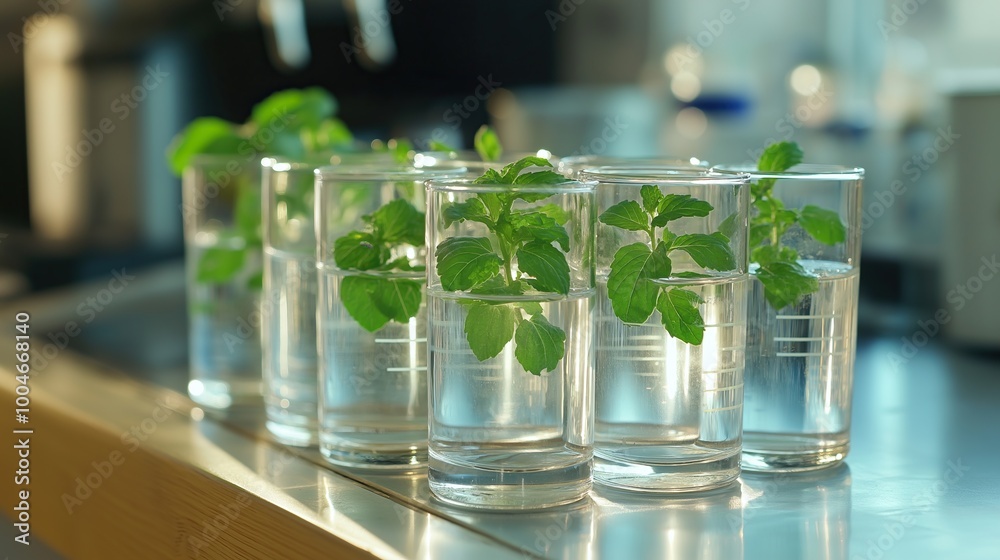 Multiple beakers filled with water and plants are placed on a laboratory table, indicating an ongoing scientific investigation