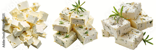 Feta cheese cubes and greens isolated on white and transparent background PNG bundle