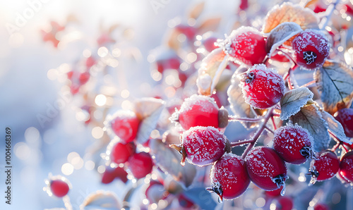 Close-up of a tree of bright red berries covered with frost, against a soft, snowy background. 