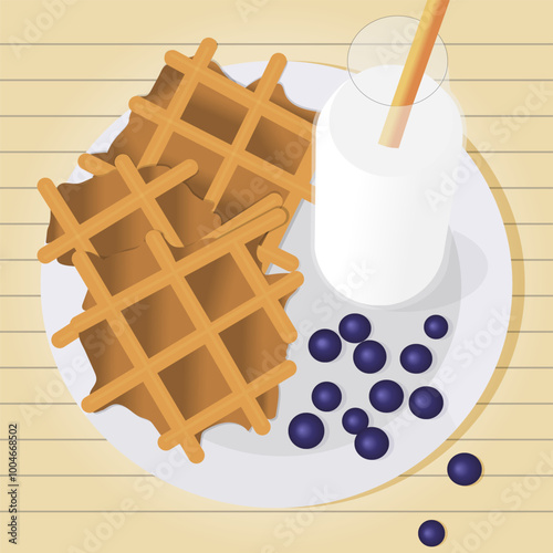 Lunch for students. Waffles, a glass of milk with a straw and some berries.