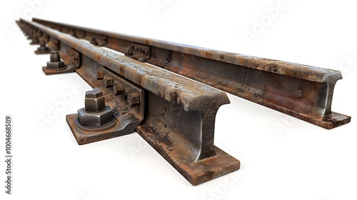 Close-up of the rail ends of a train track, isolated on a white background, with high-definition clarity.