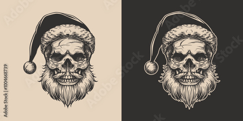 Vintage retro engraving woodcut style sketch draw paint of merry christmas xmas santa claus skull skeleton head. Halloween character scary illustration front view