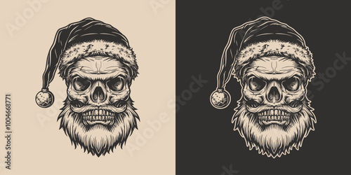 Vintage retro engraving woodcut style sketch draw paint of merry christmas xmas santa claus skull skeleton head. Halloween character scary illustration front view