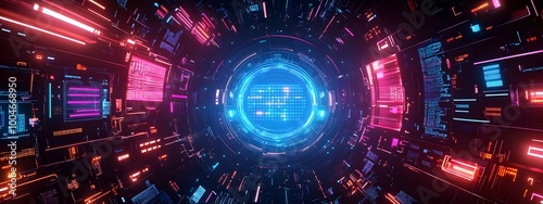 Abstract technology background for gaming interfaces, featuring futuristic HUD elements, neon overlays, dynamic data visualization. for gaming website banners, generative ai