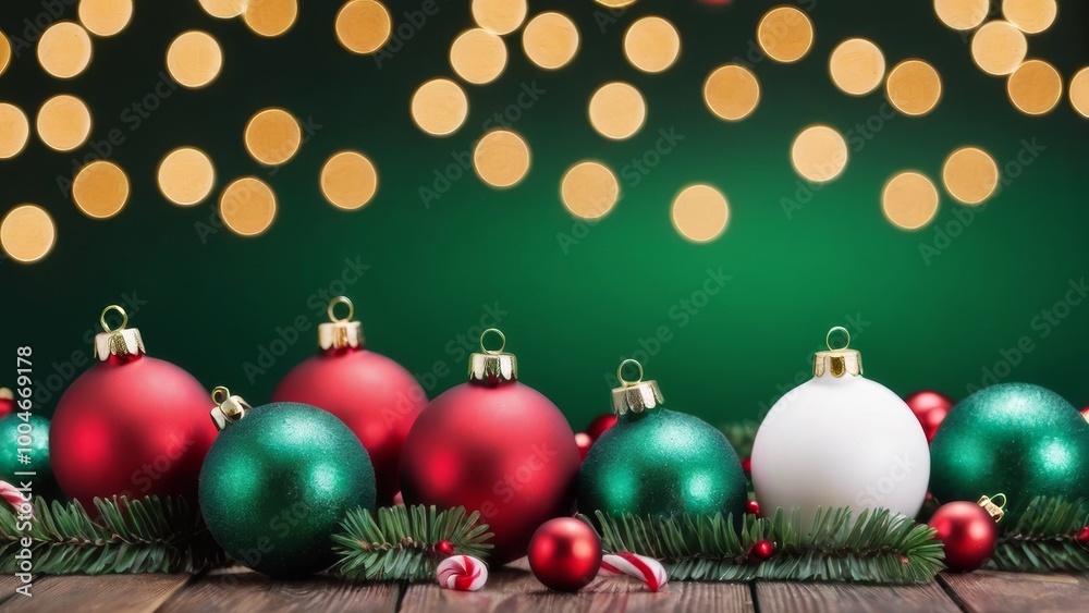 Christmas background on a wooden floor with red Christmas balls and lollipops on a dark green background with blurred lights and a place for text. Christmas background on a wooden floor with red Christmas balls and lollipops on a dark green background with blurred lights and a place for text.