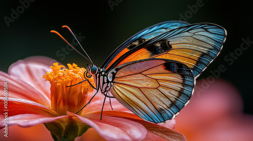 Close-Up of Butterfly with Iridescent Wings Perched on Delicate Flower