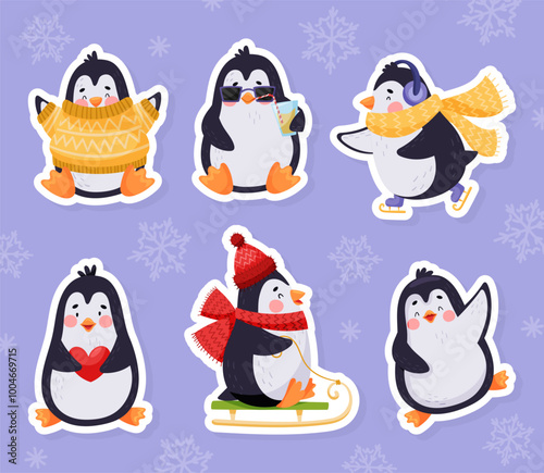 Cute Penguin Character with Cute Face Vector Sticker Set