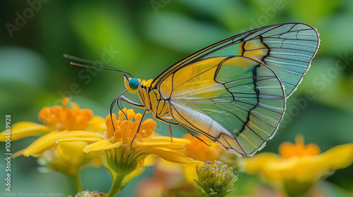 Close-Up of Butterfly with Iridescent Wings Perched on Delicate Flower