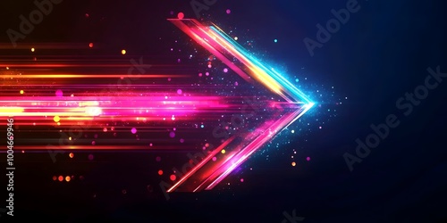 digital arrow pointing right shaped by dynamic neon glowing lines in a dark background, generative ai