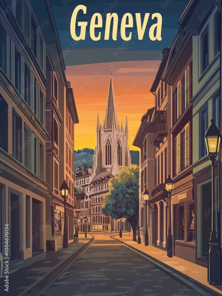 Naklejka premium Explore the nostalgic beauty of Genevas streets, featuring elegant buildings and a majestic church illuminated by a warm sunset glow, inviting wanderers to enjoy historic charm.