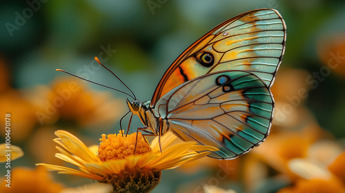 Close-Up of Butterfly with Iridescent Wings Perched on Delicate Flower