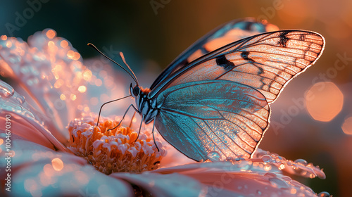 Close-Up of Butterfly with Iridescent Wings Perched on Delicate Flower