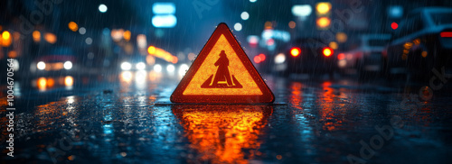Close-up of an emergency triangle sign on the road at night in heavy rain, with reflections and blurred lights in the background.