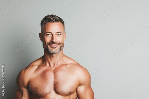 Fabulous at any age. Portrait of charismatic muscular 50 years old man standing over light gray background. Perfect haircut and body. Copy-space. Studio shot