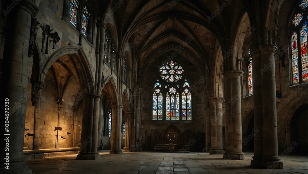 Grand Gothic abbey with weathered stone walls and stained glass. Grand Gothic abbey with weathered stone walls and stained glass.