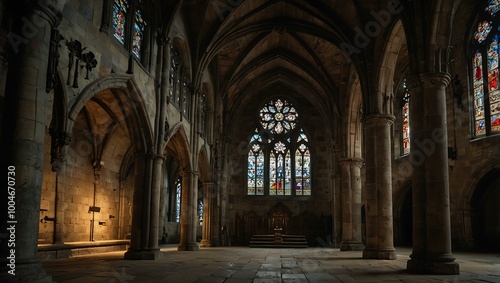 Grand Gothic abbey with weathered stone walls and stained glass.