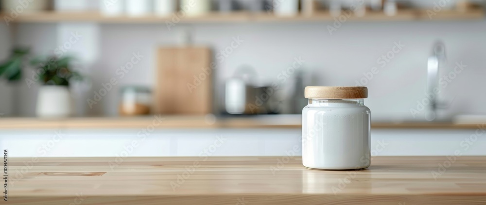 Blurred background of a kitchen interior with a wooden countertop and space for a product display presentation mock up Blurred background of a kitchen interior with a wooden countertop and space for a product display presentation mock up
