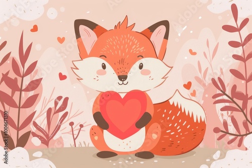 Cute fox holding heart in valentine's day forest scene for romantic greeting card design. AI