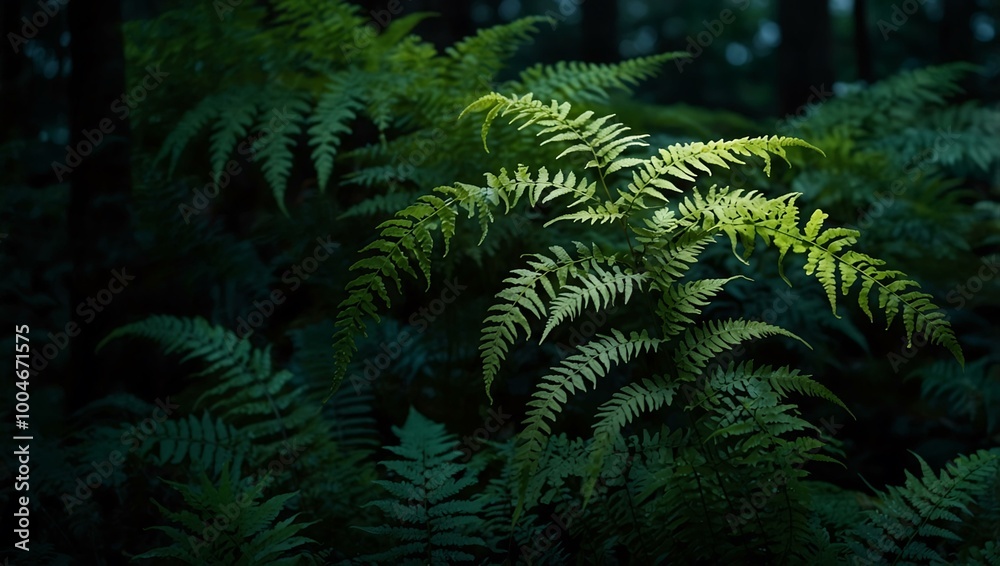 Green fern leaves in a dark park light. Green fern leaves in a dark park light.
