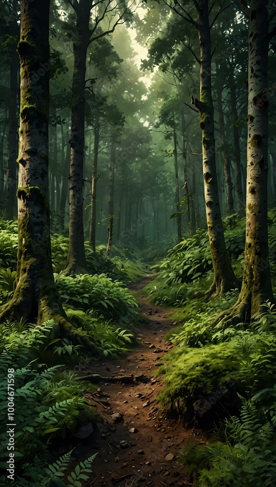 Fototapeta premium Green forest landscape illustration.