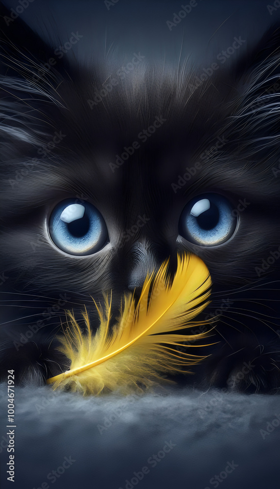 wallpaper de gatito negro con una pluma amarilla, alto contraste wallpaper de gatito negro con una pluma amarilla, alto contraste