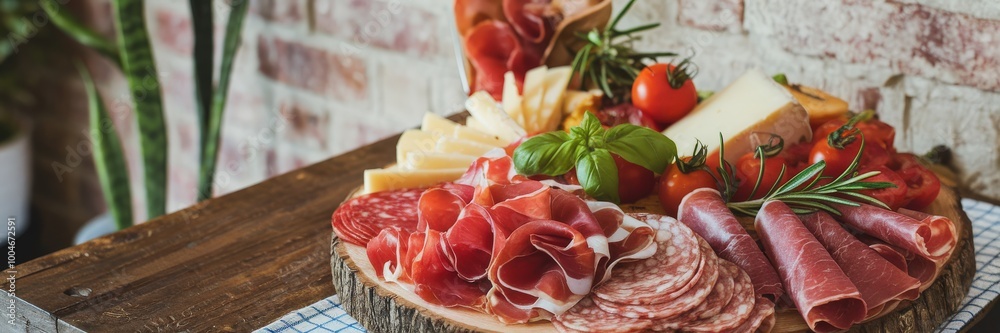 Delicious charcuterie board with various meats, cheeses, and fresh vegetables.