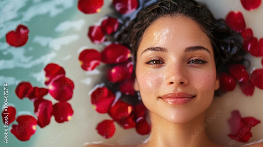 The woman reclines in a luxurious bath with rose petals floating around her, savoring a rejuvenating spa day filled with relaxation and tranquility The woman reclines in a luxurious bath with rose petals floating around her, savoring a rejuvenating spa day filled with relaxation and tranquility