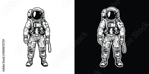 Vintage engraving style astronaut cosmic character in helmet and suit decoration