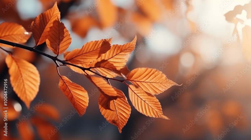 Branch adorned with vibrant red autumn leaves against a soft background with bokeh effect Branch adorned with vibrant red autumn leaves against a soft background with bokeh effect